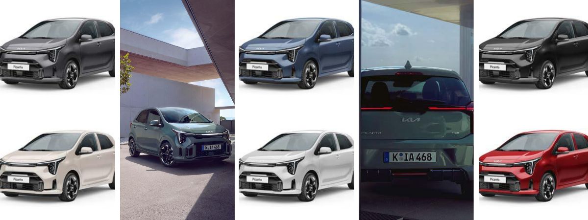 Collage Kia Picanto con i Colori Tinta disponibili e veduta frontale e posteriore dell'auto Acquista Kia Picanto a Bergamo Reduzzi Motor