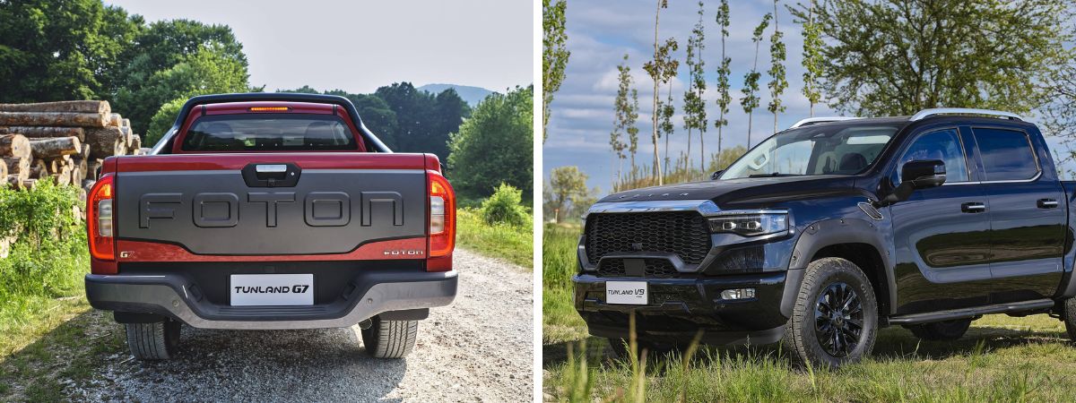 A sinistra il modello il pickup truck Foton Tunland G7 visto dalla parte posteriore e a destra il Tunland V9