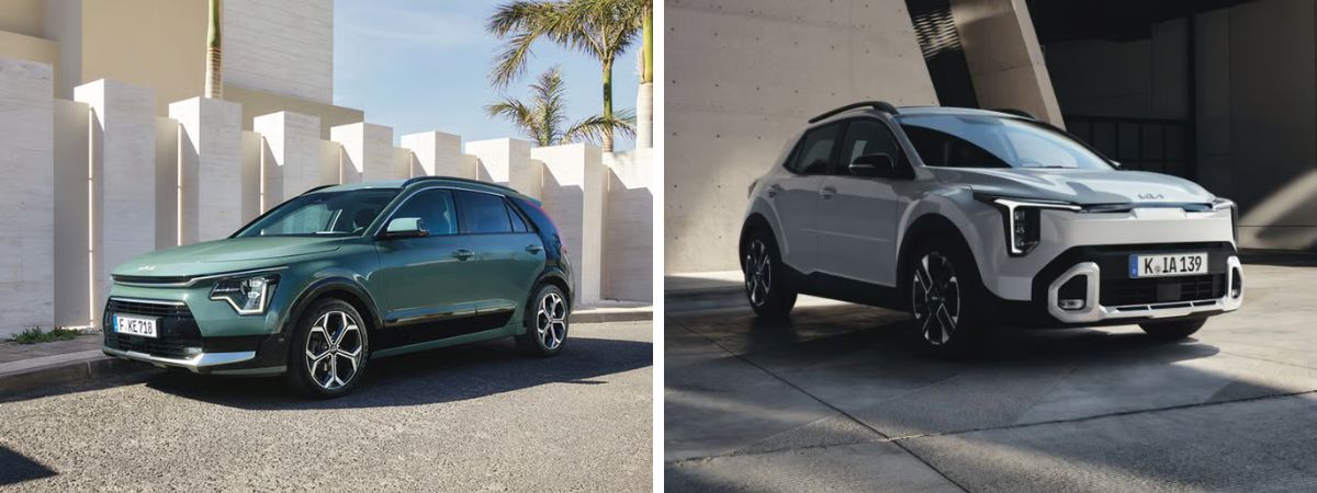 A sinistra la nuova Kia Niro di colore verde mettallico e a destra la nuova Kia Stonic di colore bianco