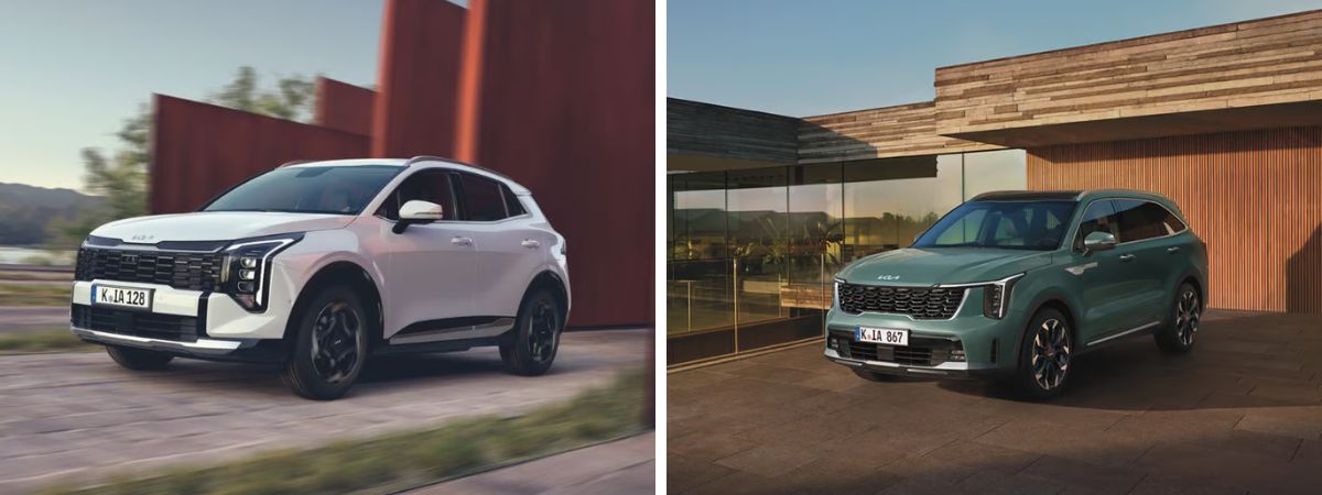 A sinistra la nuova Kia Sportage di colore bianco e a destra la nuova Kia Sorento di colore verde