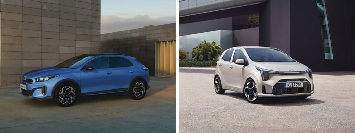 A sinistra la nuova Kia Xceed di colore blu e a destra la nuova Kia Picanto di colore grigio