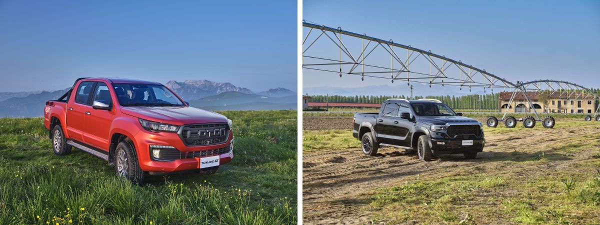 La Foton Tunland G7 (a sinistra) e V9 (a destra) nel loro ambiante naturale in campagna e al lavoro