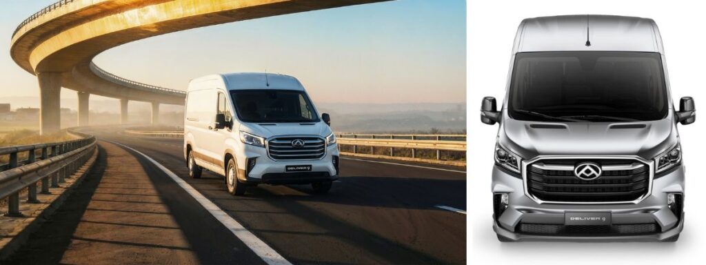 Il Maxus Deliver9 Diesel vista frontale a destra e laterale a sinistra